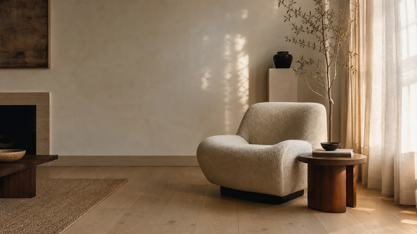 Calm contemporary living room furnished with sculptural seating